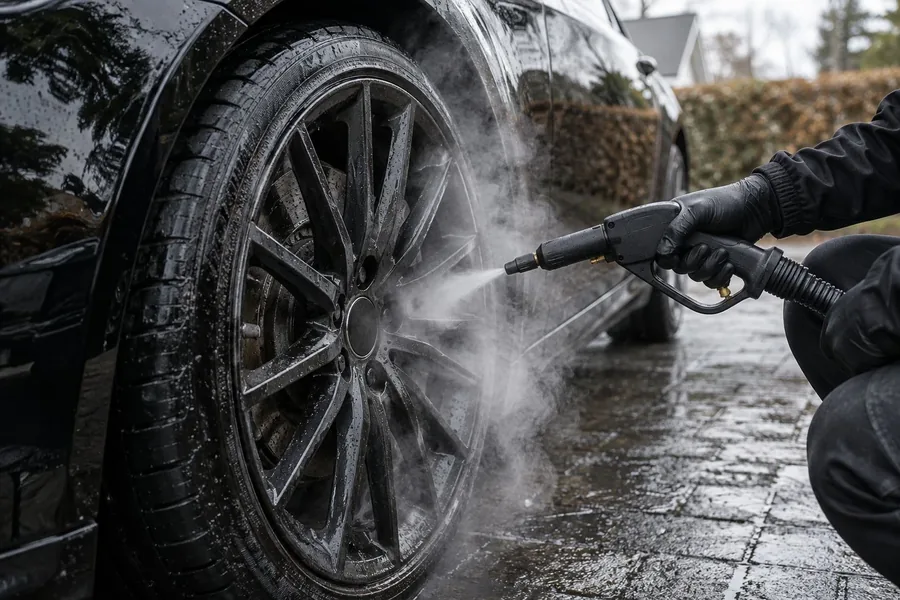 Damp sprøjtes ind i fælgen på en sort bil